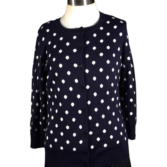 NEW Talbots Cardigan Navy White Polka Dot Reverse Pattern Inside 3/4 Sleeve Sz S - Picture 1 of 11